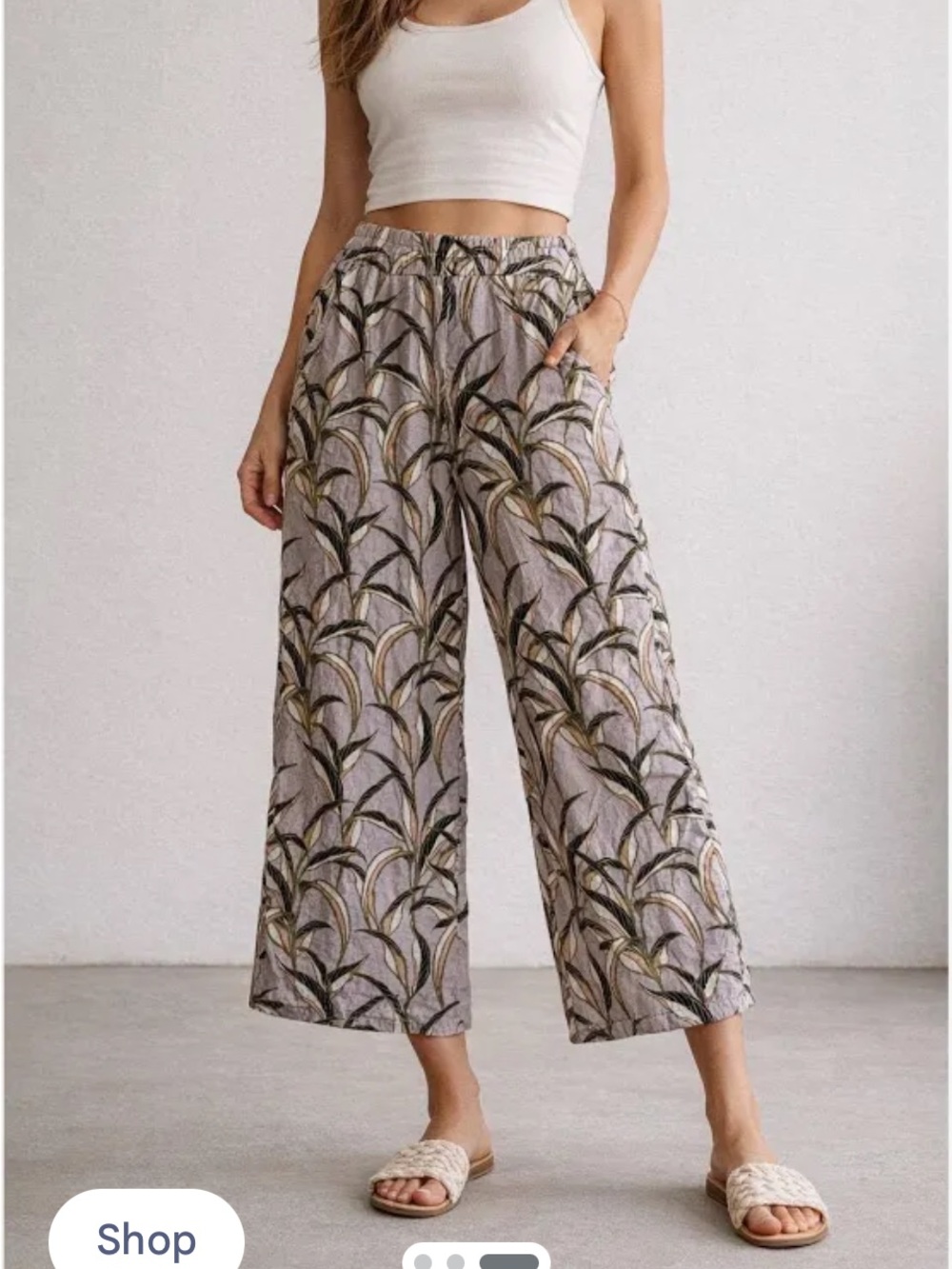 Tahari 💯 Linen Wide Leg Pants in Rose with Olive and Cream Leaf Print